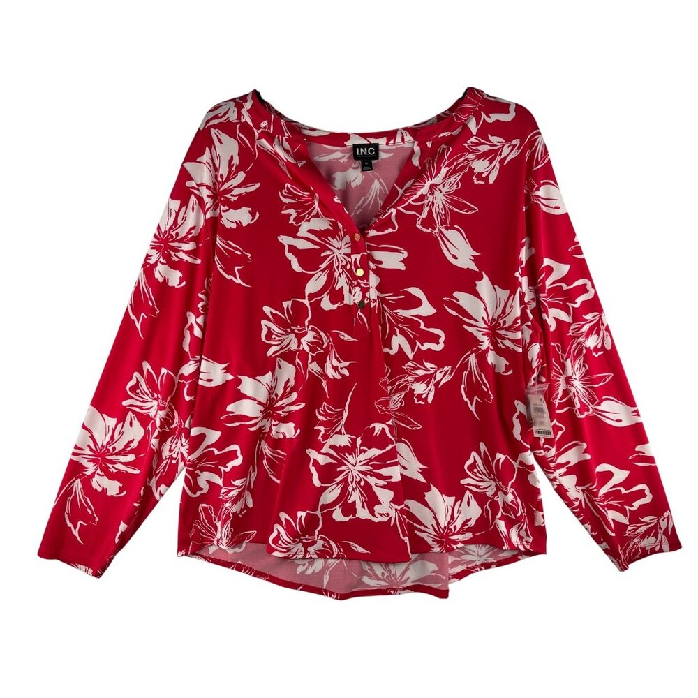 I.N.C. Womens 3X Button Placket Top V-Neck & bright red White Floral Long Sleeve